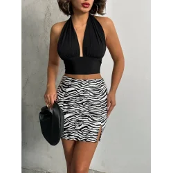 Tek yırtmaçlı zebra desenli deri etek beyazsiyah w24475-S