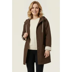 Teknik Kumaş Kapüşonlu Trençkot 5972 - Kahverengi