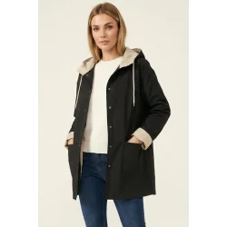 Teknik Kumaş Kapüşonlu Trençkot 5972 - Siyah