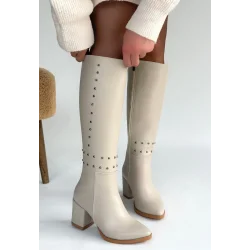 Tiyan Bej Cilt Topuklu Çizme