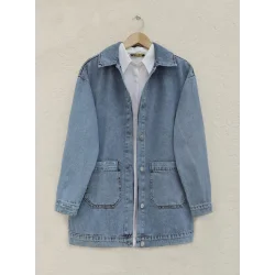 Torba Cepli Düğmeli Kot Ceket -Mavi