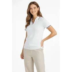 Triko Kumaş Yakalı Düğmesiz Açık Yaka Fitilli Kısa Kollu Regular Fit Tişört T-shirt - Beyaz