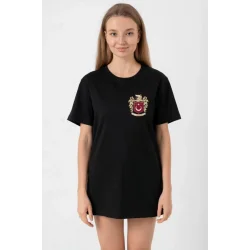 Türk Arma Baskılı Oversize Bisiklet Yaka Günlük T-shirt - Siyah