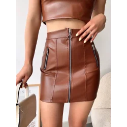 Üç fermuarlı deri etek kahve s24510