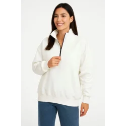 Üç İplik Dık Yaka Yarım Fermuarlı SweatShirt - Beyaz