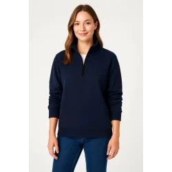 Üç İplik Dık Yaka Yarım Fermuarlı SweatShirt - Lacivert