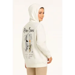 Üç İplik Kapşonlu ön Ve Arka Baskılı SweatShirt Hoodie- Beyaz