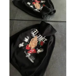 Üç İplik Penye Uzun Kol Kapşonlu Baskılı SweatShirt - Siyah