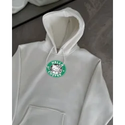 Üç İplik Penye Uzun Kol Kapşonlu SweatShirt - Beyaz