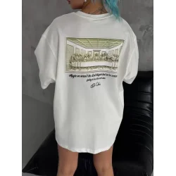 Unisex Baskılı Oversize T-Shirt - Beyaz