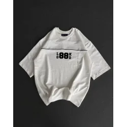 Unisex Bisiklet Yaka Baskılı Oversize T-Shirt - Beyaz