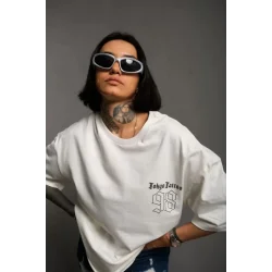 Unisex Bisiklet Yaka Baskılı Oversize T-Shirt - Beyaz
