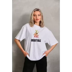 Unisex Bisiklet Yaka Baskılı Oversize T-Shirt - Beyaz