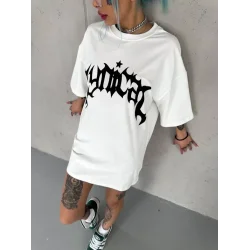 Unisex Bisiklet Yaka Baskılı Oversize T-Shirt - Beyaz