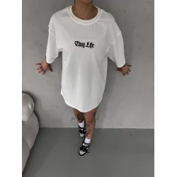 Unisex Bisiklet Yaka Baskılı Oversize T-Shirt - Beyaz
