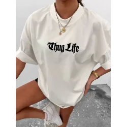 Unisex Bisiklet Yaka Baskılı Oversize T-Shirt - Beyaz