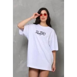 Unisex Bisiklet Yaka Baskılı Oversize T-Shirt - Beyaz