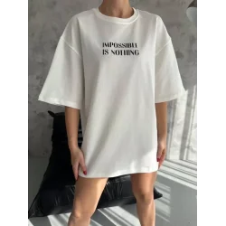 Unisex Bisiklet Yaka Baskılı Oversize T-Shirt - Beyaz