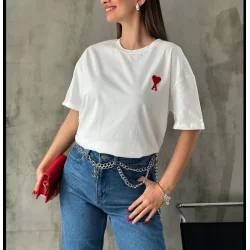 Unisex Bisiklet Yaka Baskılı Oversize T-Shirt - Beyaz