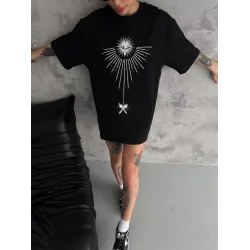 Unisex Bisiklet Yaka Baskılı Oversize T-Shirt - Siyah