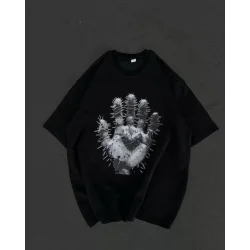 Unisex Bisiklet Yaka Baskılı Oversize T-Shirt - Siyah