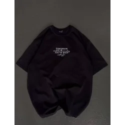 Unisex Bisiklet Yaka Baskılı Oversize T-Shirt - Siyah