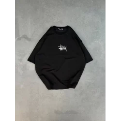 Unisex Bisiklet Yaka Baskılı Oversize T-Shirt - Siyah