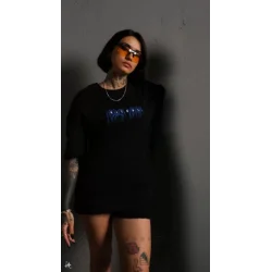 Unisex Bisiklet Yaka Baskılı Oversize T-Shirt - Siyah