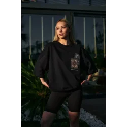 Unisex Bisiklet Yaka Baskılı Oversize T-Shirt - Siyah