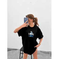 Unisex Bisiklet Yaka Baskılı Oversize T-Shirt - Siyah