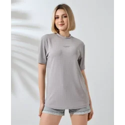 Unisex Bisiklet Yaka Baskılı Slim Fit T-Shirt - Boyalı Gri