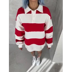 Unisex Üç İplik Parçalı Yakalı SweatShirt - Kırmızı