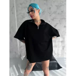 Unisex Yarım Fermuarlı Basic T-Shirt - Siyah