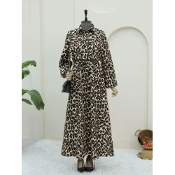 Üstü Gömlek Detaylı Leopar Desenli Elbise -Vizon