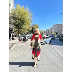 Uzun hırka içi elbise ikili triko takım ekose baklava desen haki kırmızı