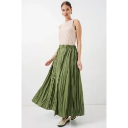 Uzun Kırışık Etek 8042 - A.Haki