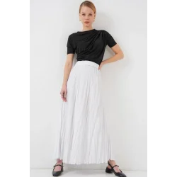 Uzun Kırışık Etek 8042 - Beyaz