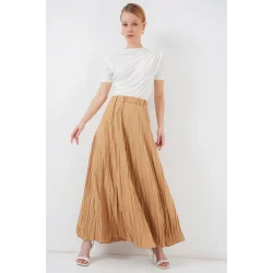 Uzun Kırışık Etek 8042 - Bisküvi