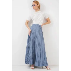 Uzun Kırışık Etek 8042 - İndigo