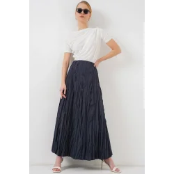 Uzun Kırışık Etek 8042 - Lacivert