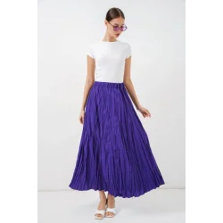 Uzun Kırışık Etek 8042 - Mor