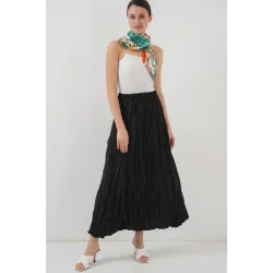 Uzun Kırışık Etek 8042 - Siyah