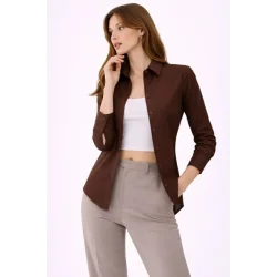 Uzun Kollu Gömlek Düğmeli Klasik Yaka Günlük Ve Ofis Şıklığına Uygun - Kahverengi