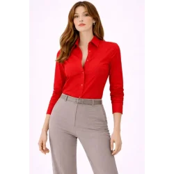Uzun Kollu Gömlek Düğmeli Klasik Yaka Günlük Ve Ofis Şıklığına Uygun - Kırmızı