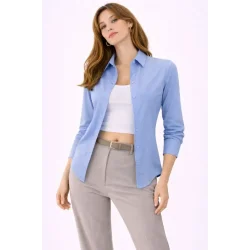 Uzun Kollu Gömlek Düğmeli Klasik Yaka Günlük Ve Ofis Şıklığına Uygun - Mavi