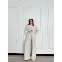 Uzun Kollu Önü İp Büzgülü  Crop Ve Pantolon İkili Takım - Gri