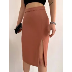 Uzun midi boy yırtmaçlı etek somon s24907