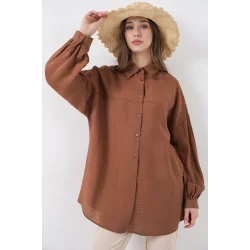 Uzun Oversize Gömlek 5965 - Sütlü Kahve