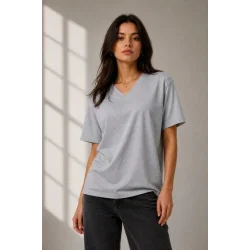 V Yaka Basic Tişört Kısa Kol Yazlık Regular Fit T-Shirt - Gri