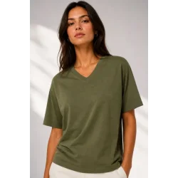 V Yaka Basic Tişört Kısa Kol Yazlık Regular Fit T-Shirt - Haki